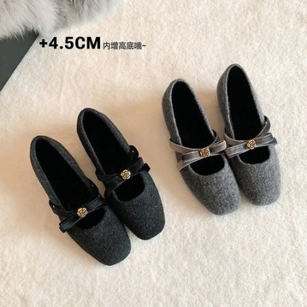 【苏茵茵】毛呢山茶花45mm内增高方头玛丽珍单鞋女ol通勤鞋E6401001
