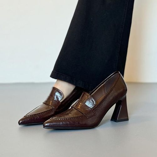 羊皮版~5/7cm气质粗跟单鞋女2026春秋新款真皮尖头不累脚高跟鞋女主图