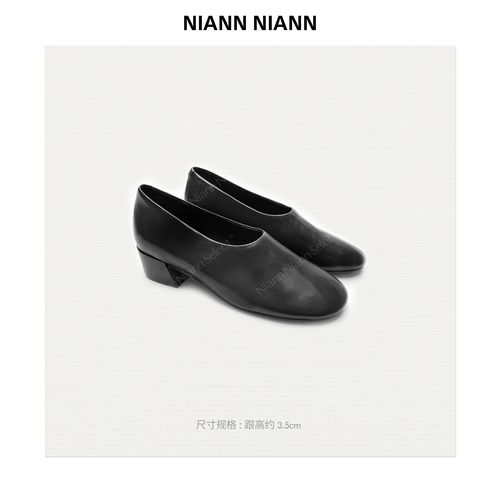 NiannNiann 26新款女鞋复古通勤胎牛皮内里羊皮粗跟圆头皮鞋17630主图