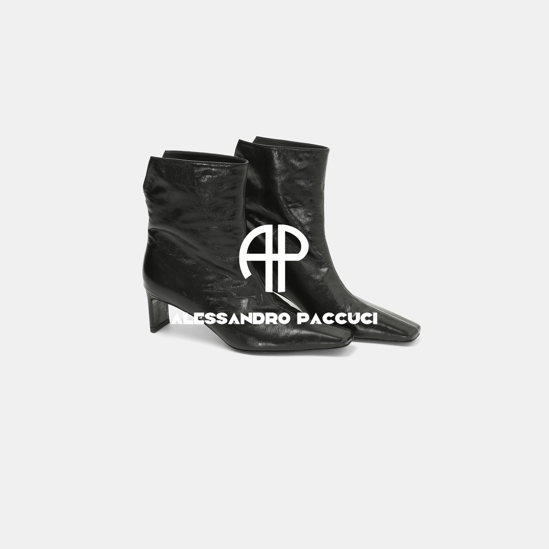 AP｜洛哥 牛皮方头扁跟纯色时尚百搭简约气质高跟短靴64078XH主图