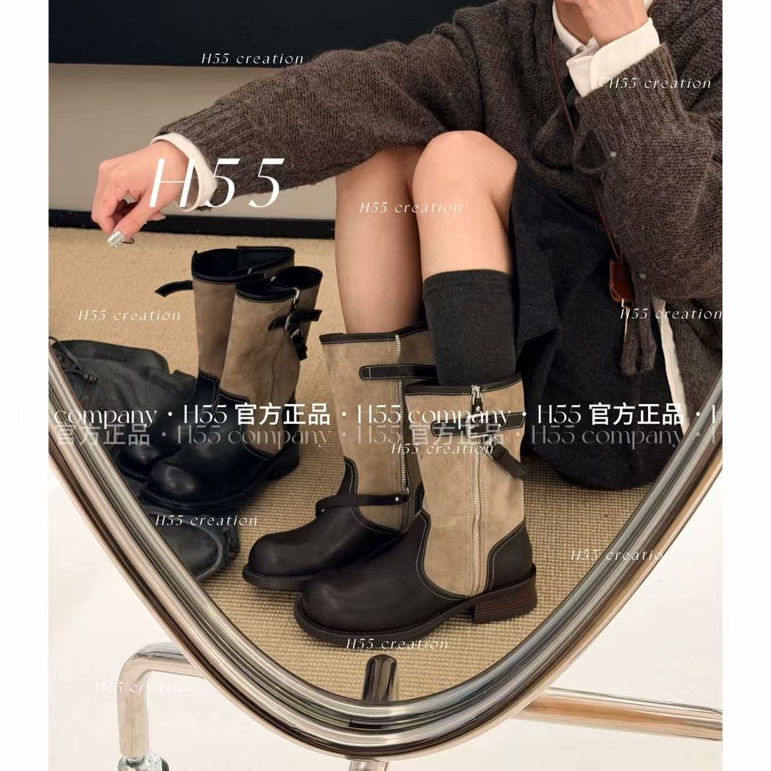 【H55正品】“爱丁堡”超大腿围！中古机车靴4cm牛皮垫70-3862【N】主图