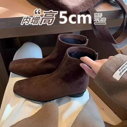 小个子内增高5cm粗跟短靴法式方头复古棕色绒面拉链平底马丁靴女主图