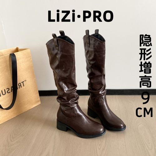 牛皮~9cm内增高不过膝长靴女尖头粗跟美拉德褶皱堆堆靴显瘦长筒靴主图