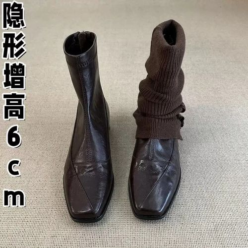 羊皮版~真皮气质方头弹力瘦瘦靴女复古通勤百搭后拉链短靴马小众主图