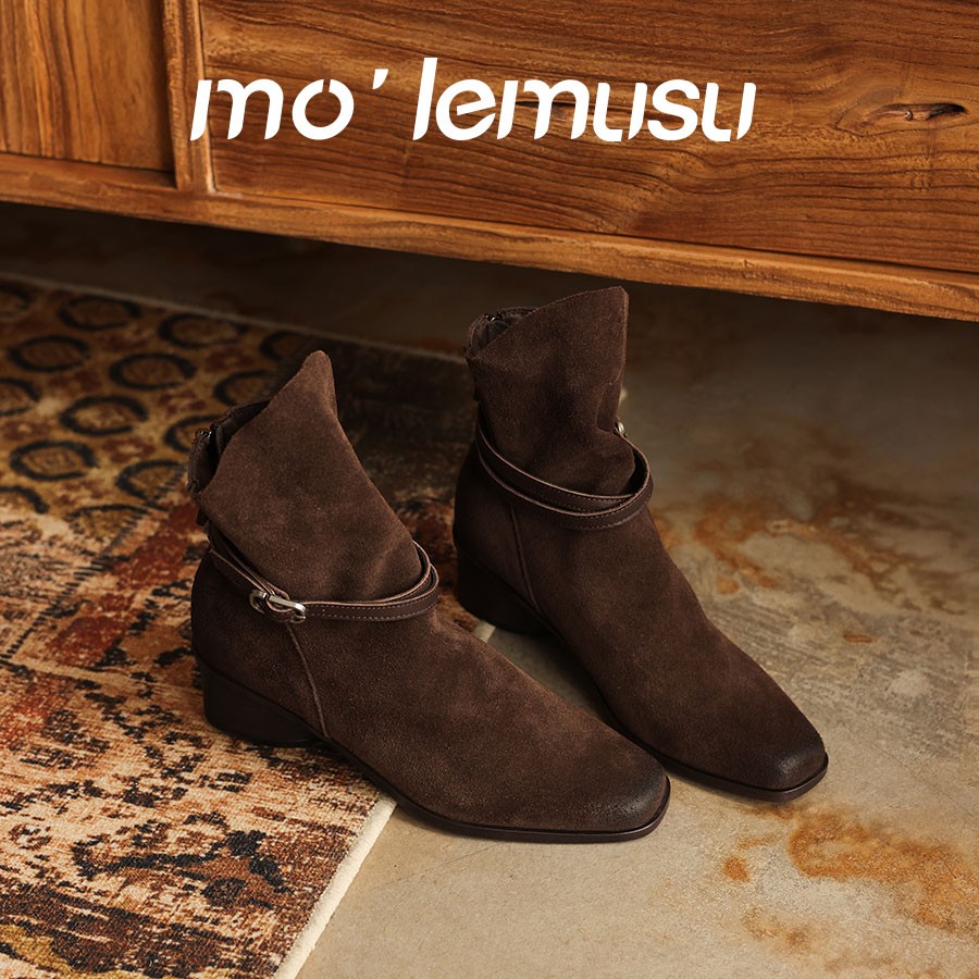 MO'LEMUSU丨尘迹丨跟高4.5CM做旧牛反皮复古方头皮带扣粗跟短靴女主图