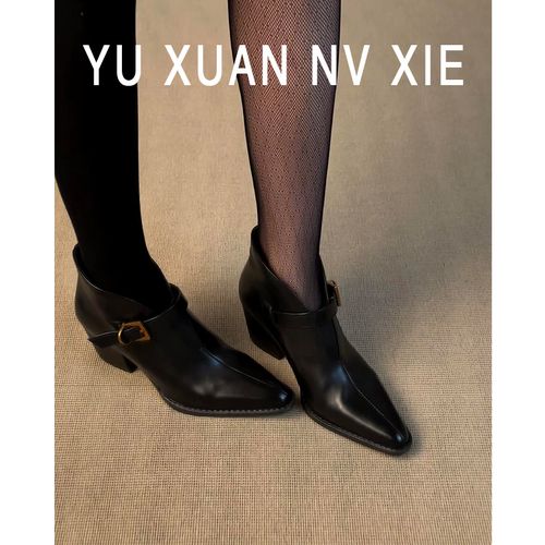 软皮版~老钱风尖头及踝靴女秋冬新款时尚性感百搭通勤粗跟短靴子主图
