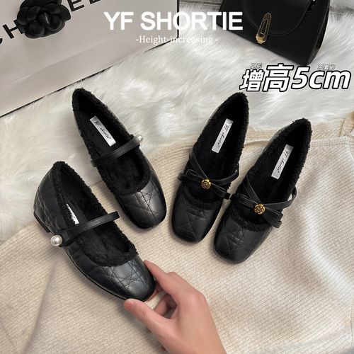 增高5CM蝴蝶结金属山茶花单鞋女2026新款法式加绒软底玛丽珍鞋主图
