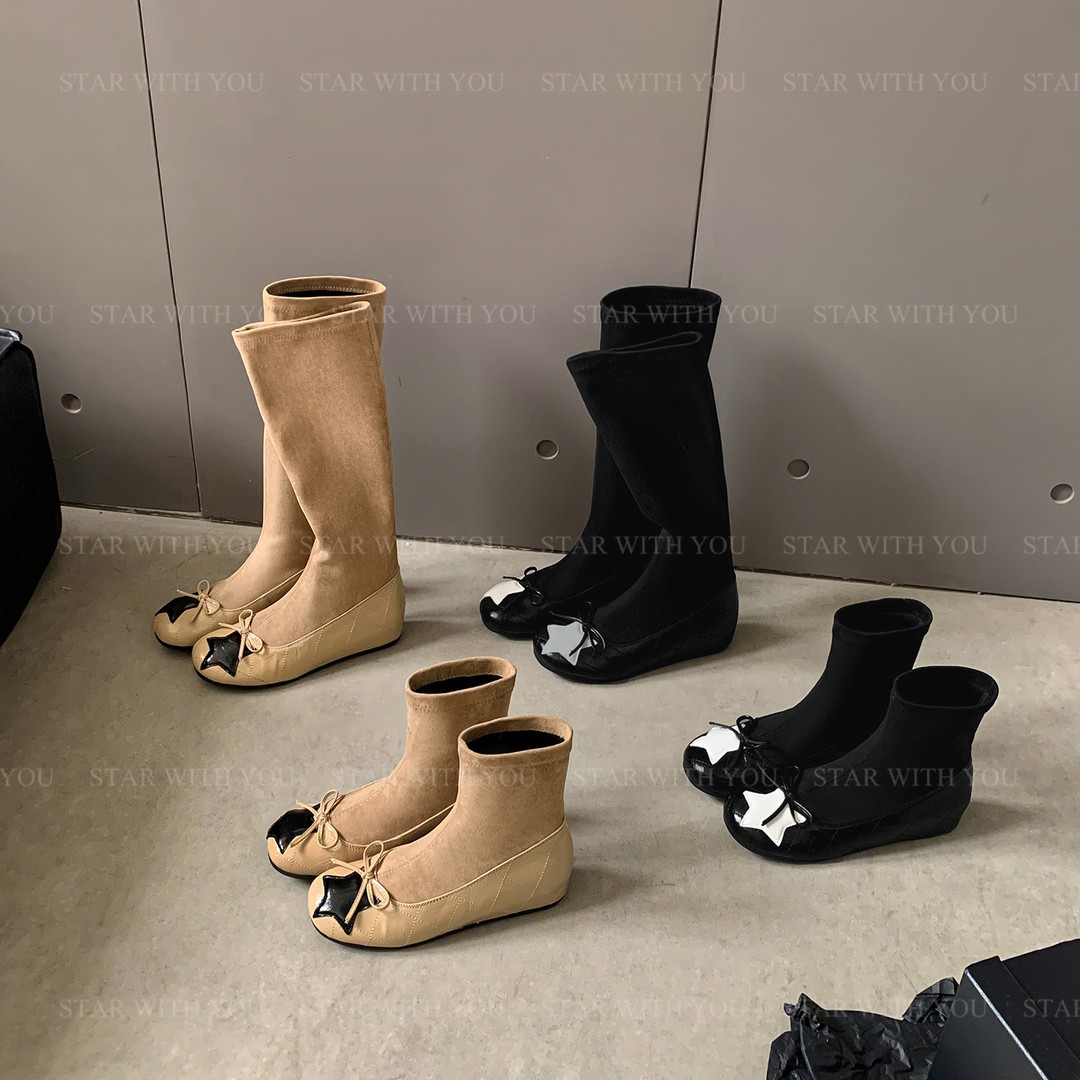 【星星STAR】法式蝴蝶结星星印花内增高小香风弹力瘦瘦短靴3cm主图