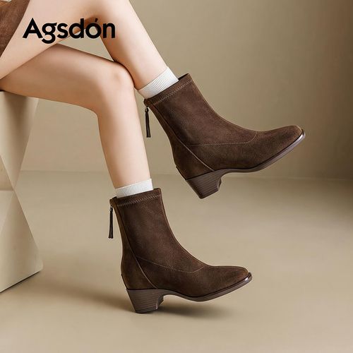 Agsdon/奥古狮登「臻选系列」内增高6CM小个子瘦瘦靴粗跟百搭踝靴主图