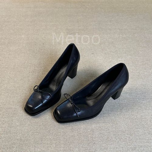 羊皮版~法式复古蝴蝶结方头高跟鞋女浅口一脚蹬鞋子粗跟通勤单鞋主图