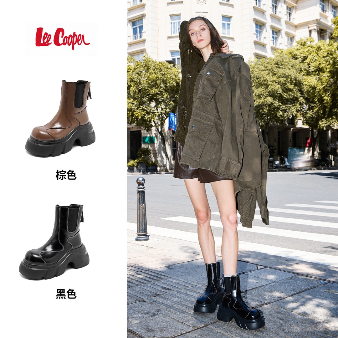 LEE COOPER复古粗跟切尔西短靴女2026年秋圆头显瘦厚底高跟马丁靴主图