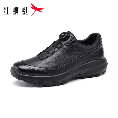 红蜻蜓运动皮鞋商务男鞋秋冬加绒牛皮旋钮锁扣厚底隐形增高保暖主图