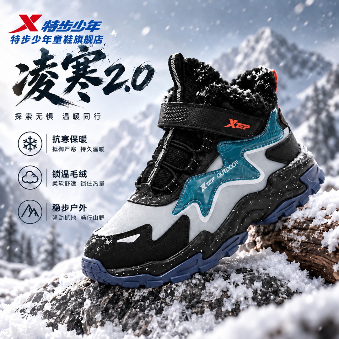 大棉/二棉【凌寒2.0】特步儿童棉鞋加绒加厚拒水抗污防滑跑鞋国补C主图
