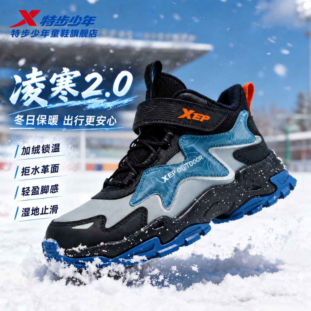 二棉【凌寒2.0】特步儿童棉鞋加绒加厚拒水抗污防滑耐磨跑鞋国补S主图