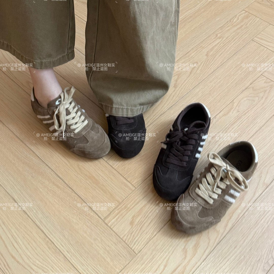ameige韩系毛条条纹德训鞋反绒皮低帮系带运动鞋两色百搭显瘦女鞋主图