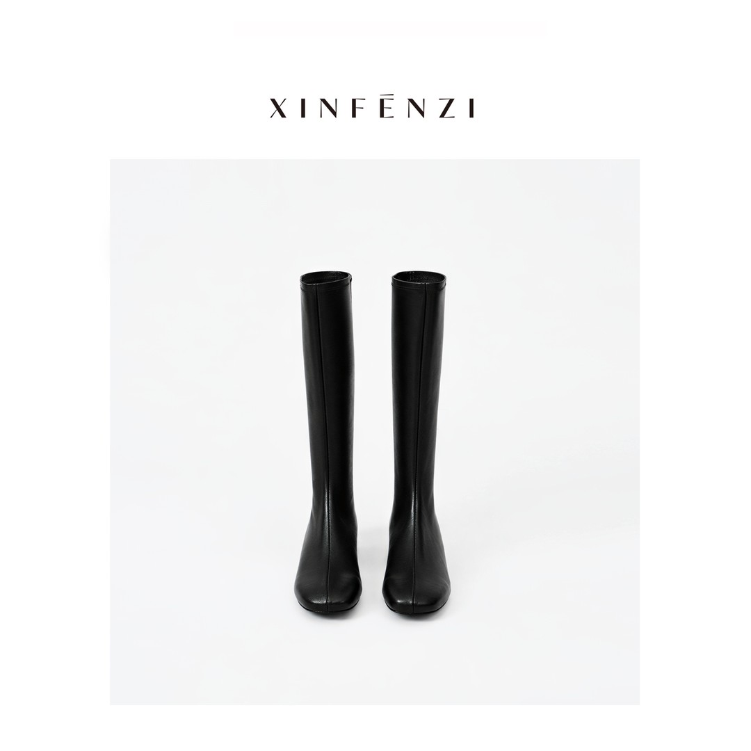 【长袜靴】XINFENZI 黑色方头羊皮鞋垫软皮显瘦低跟直筒靴 PS22268主图