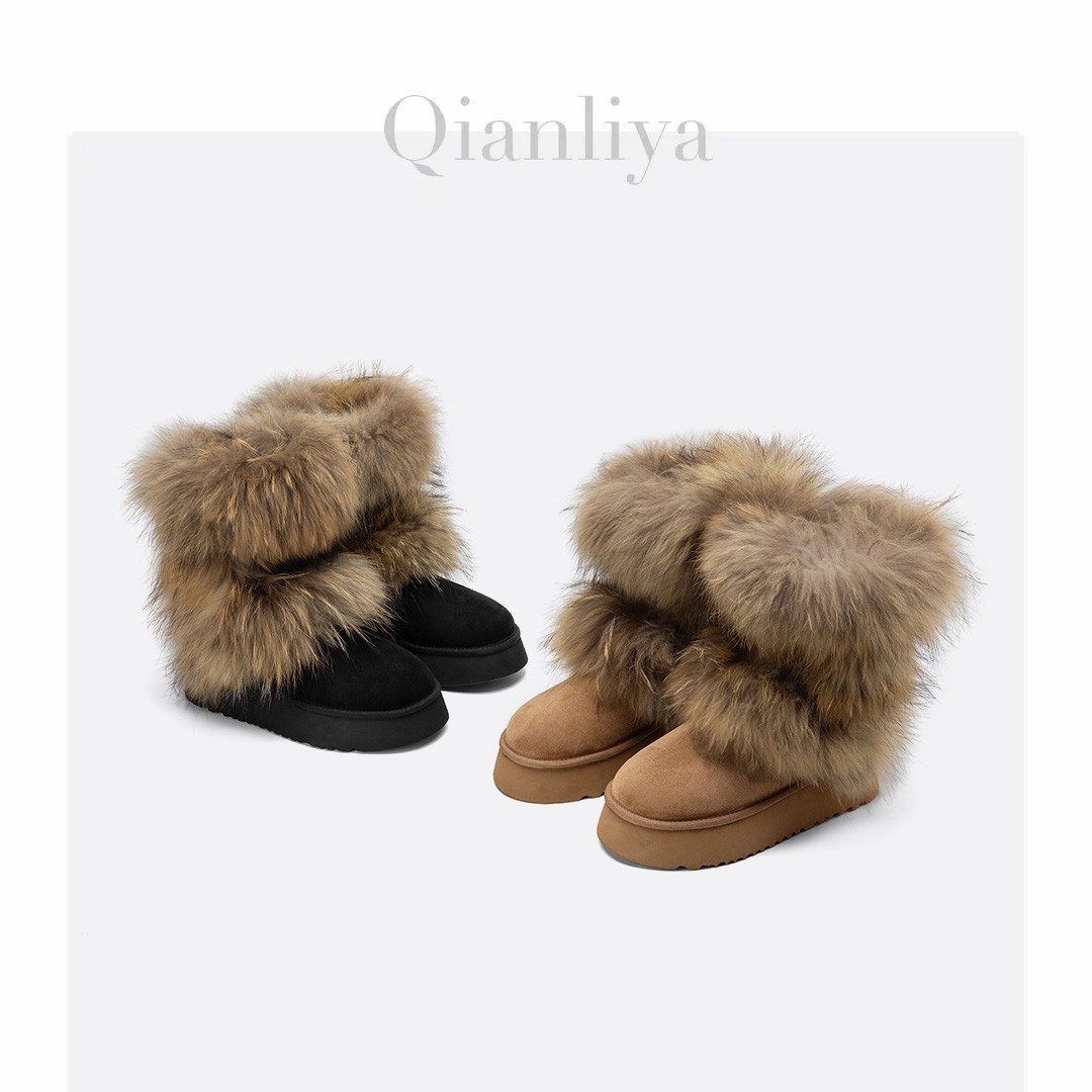 【QLY】—网感厚底貉子毛加绒保暖中筒时髦休闲雪地靴667主图