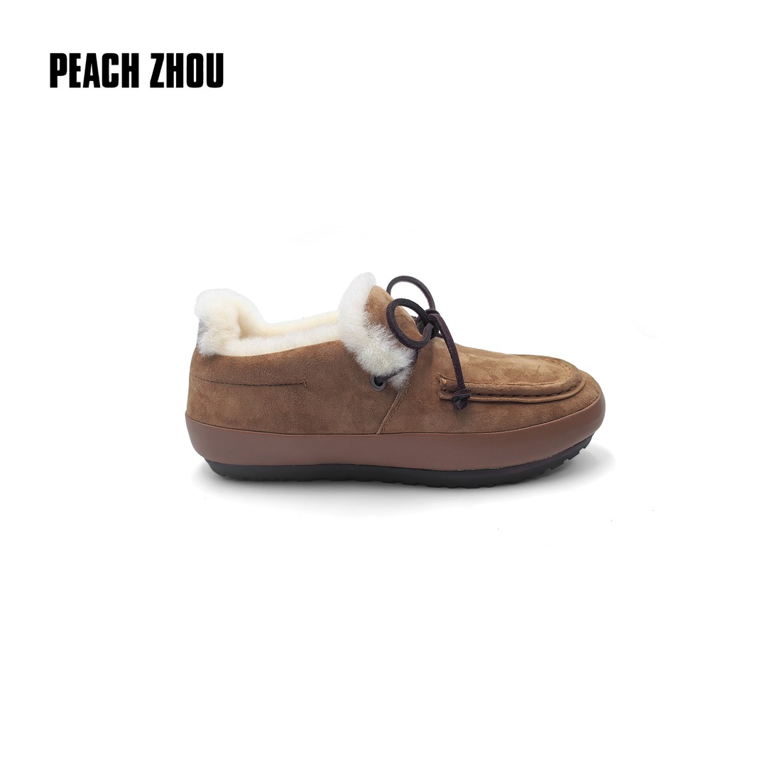 PEACHZHOU 反绒羊皮毛一体蝴蝶结毛毛乐福鞋保暖穆勒鞋PZW6X1469主图