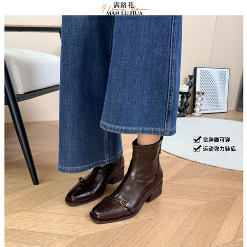 羊皮复古风方头粗跟瘦瘦靴女金属扣后拉链弹力短靴气质百搭粗跟绒主图